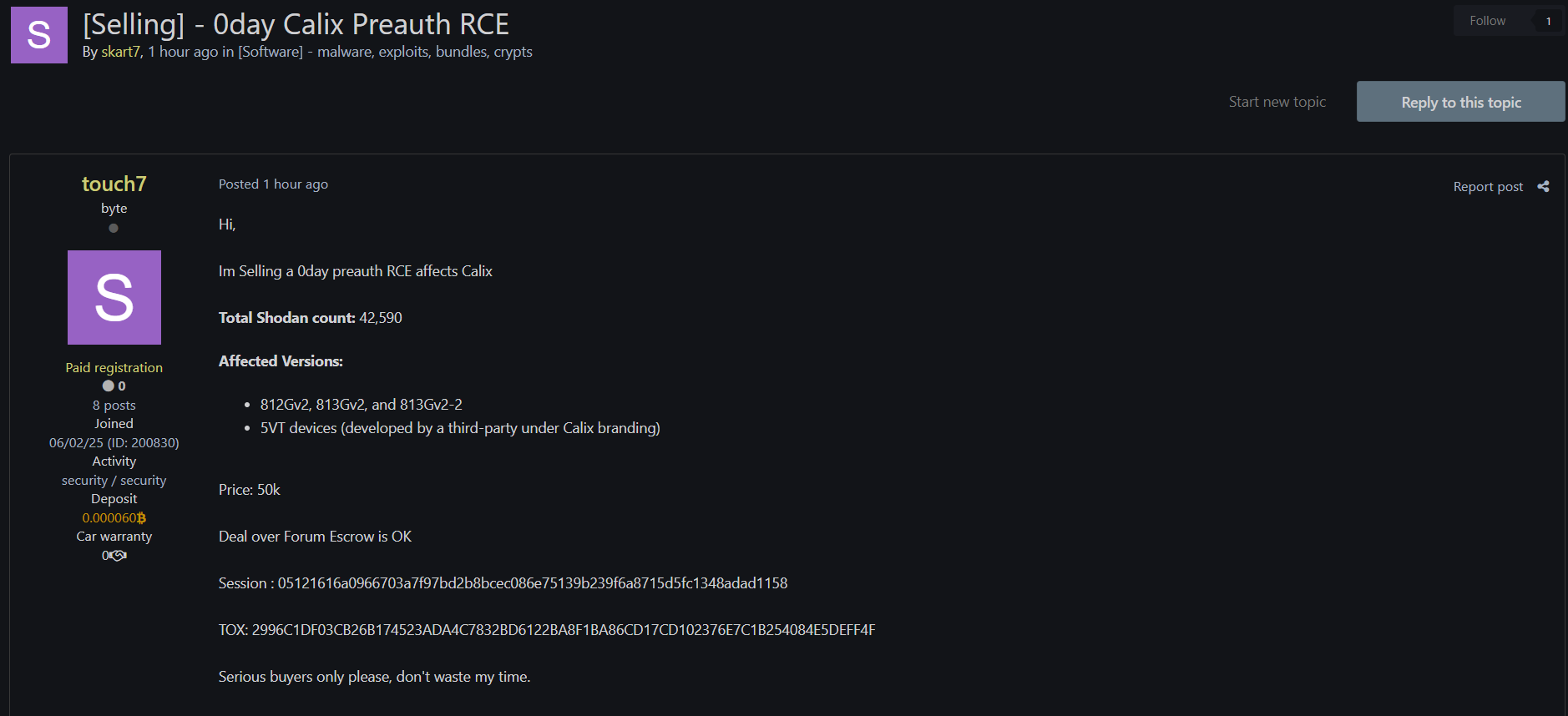 涉嫌销售0day preauth RCE漏洞影响Calix-xLab 威胁情报