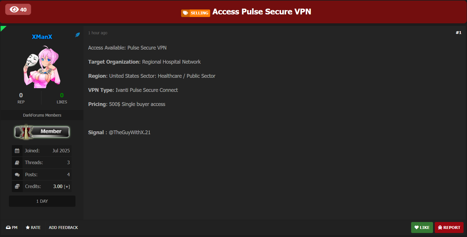 涉嫌向美国一家身份不明的地区医院网络出售VPN访问权限-xLab 威胁情报