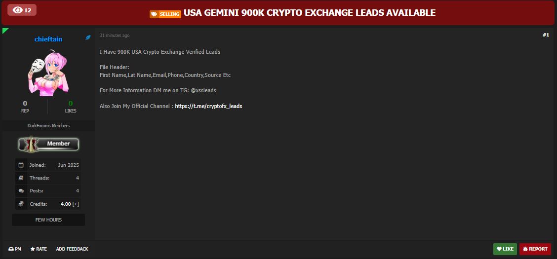 涉嫌出售90万gemini加密货币领先美国-xLab 威胁情报