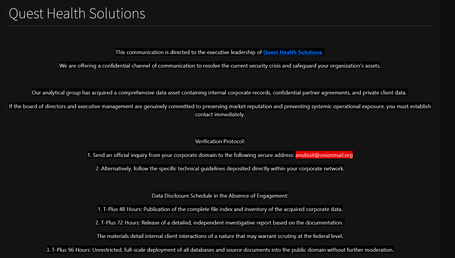 Quest Health Solutions falls victim to ANUBIS Ransomware-xLab 威胁情报