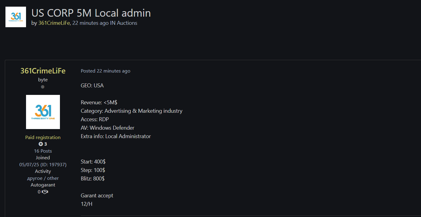 涉嫌向美国公司(广告和营销)出售RDP访问权限-xLab 威胁情报