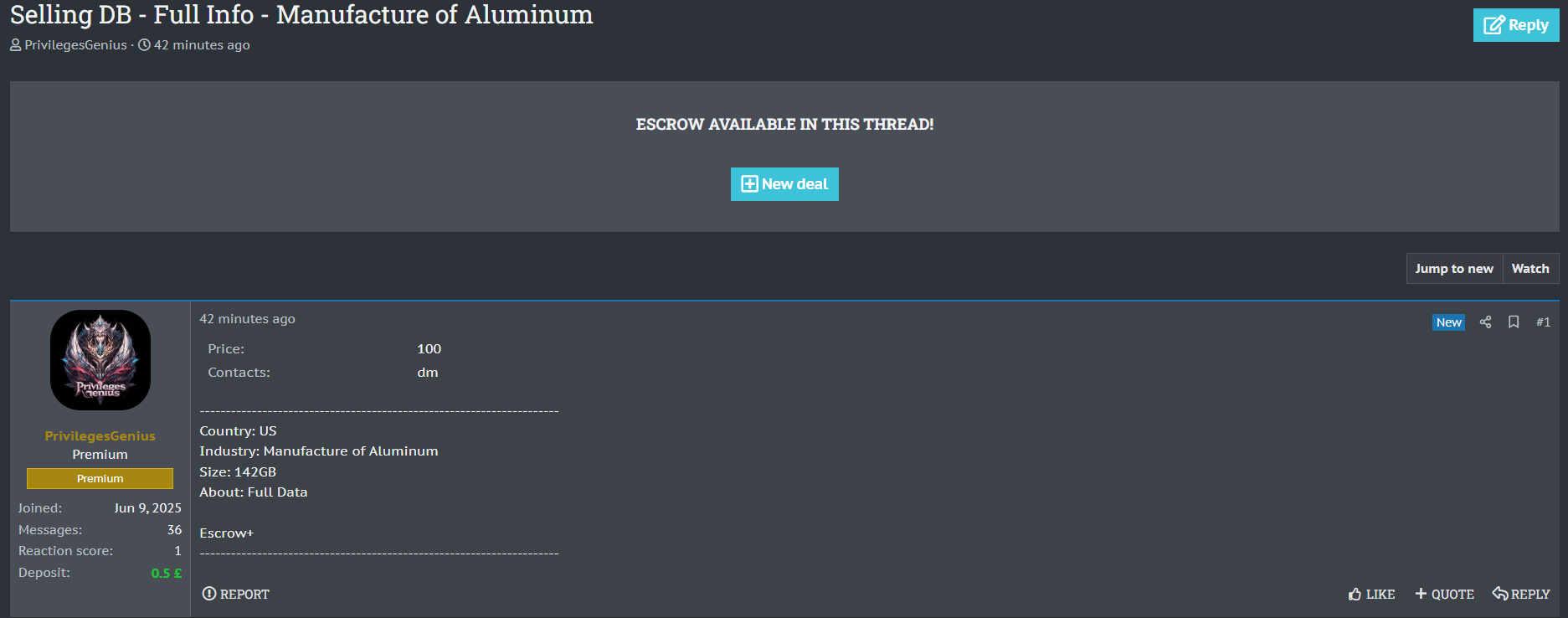涉嫌数据泄露美国一家身份不明的制造公司。-xLab 威胁情报