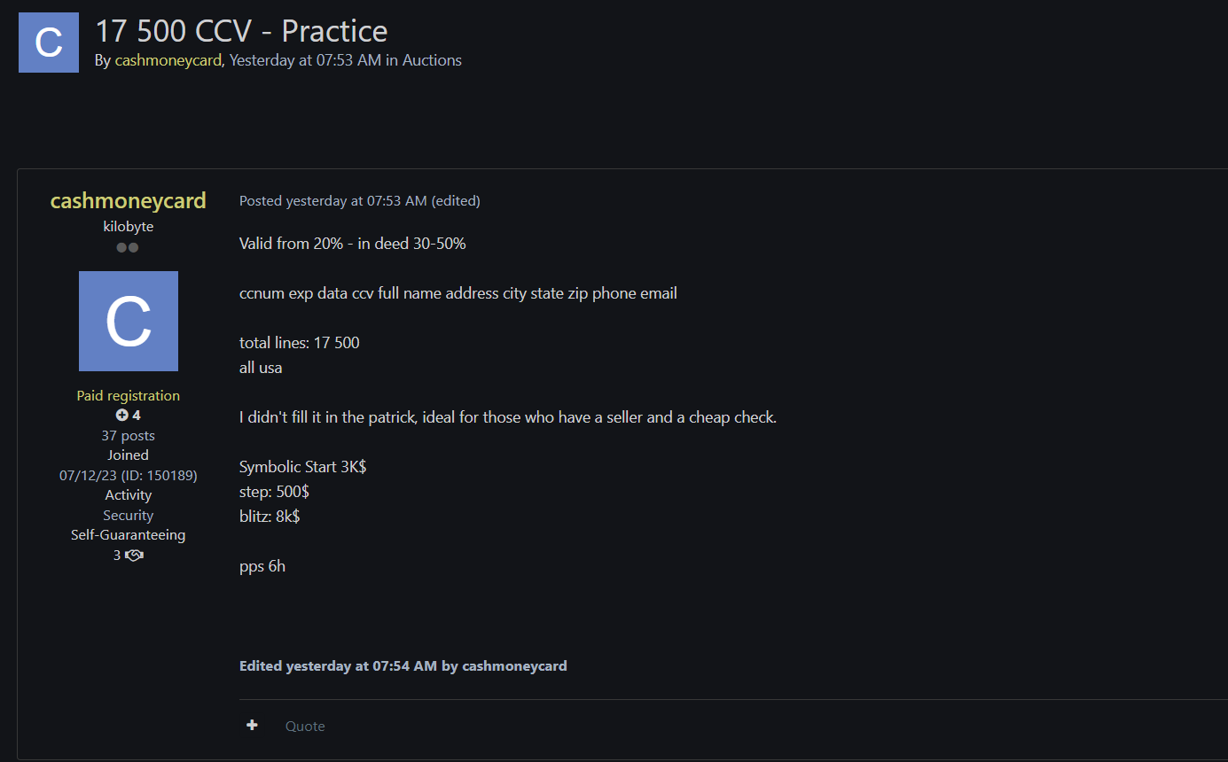 涉嫌出售17,500张美国信用卡记录-xLab 威胁情报