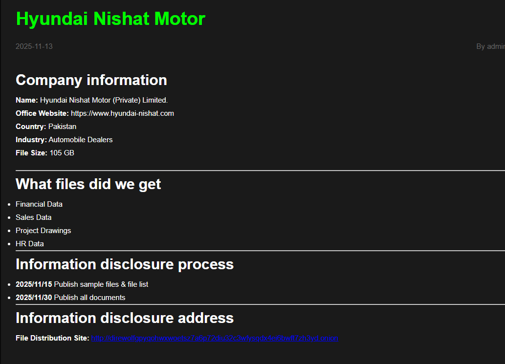 现代尼沙特汽车(私人)有限公司。l成为Dire Wolf勒索软件的受害者-xLab 威胁情报