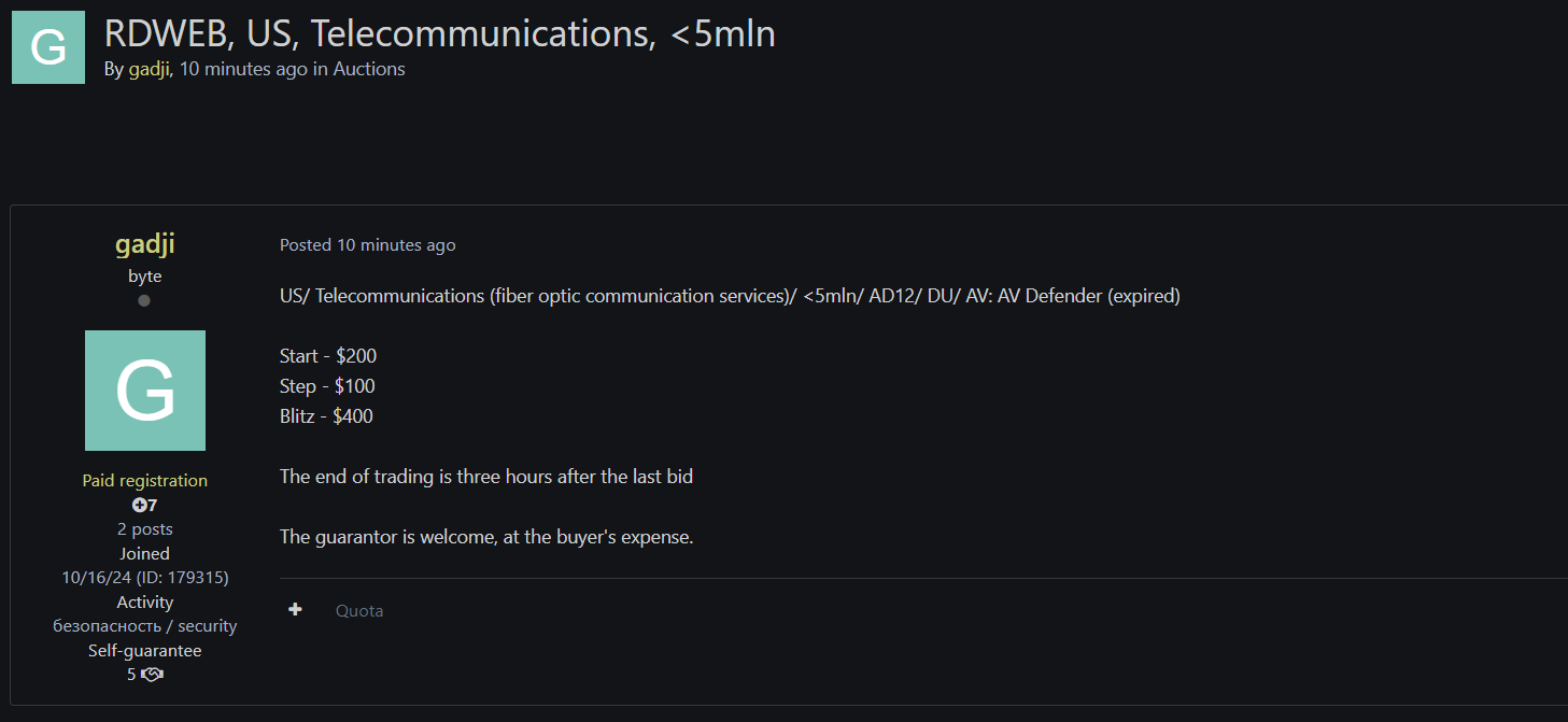 涉嫌向一家身份不明的美国电信公司出售RDweb访问权限-xLab 威胁情报