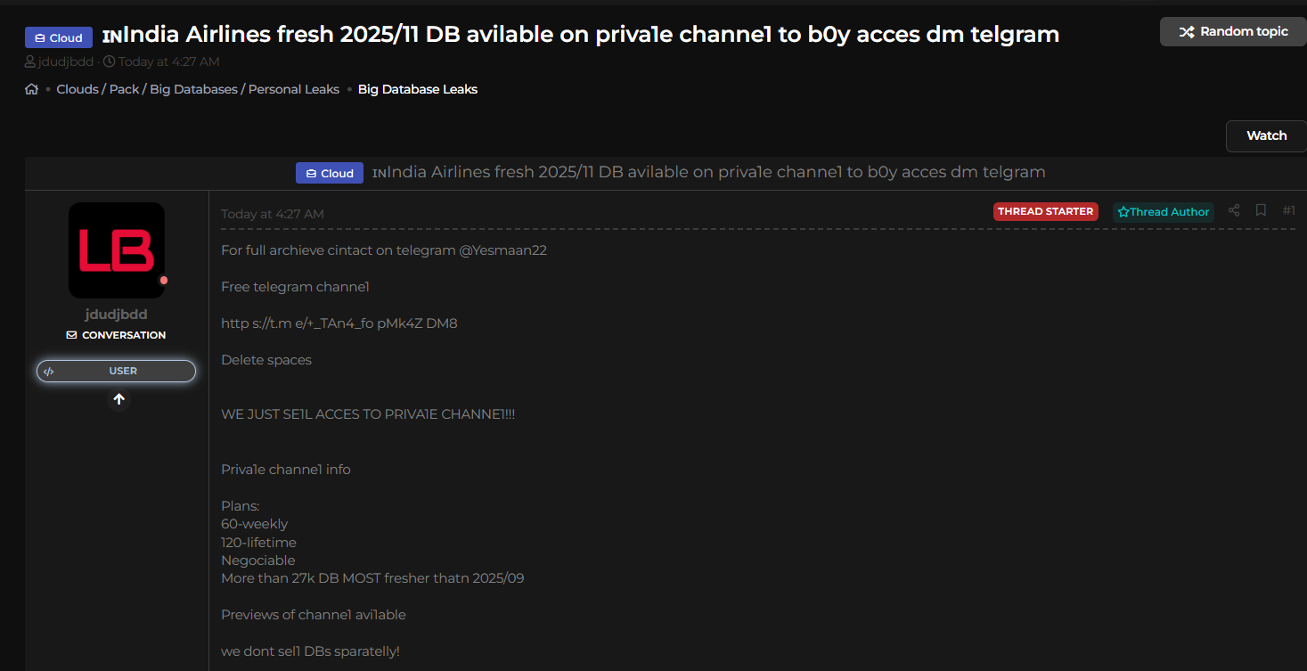 印度航空公司涉嫌数据泄露-xLab 威胁情报