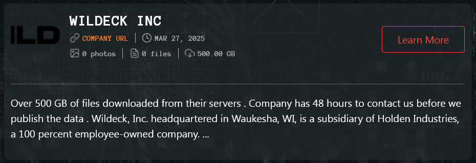Wildeck公司成为Qilin勒索软件的受害者-xLab 威胁情报