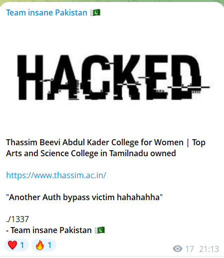 Team insane Pakistan针对Thassim Beevi Abdul Kader女子学院网站-xLab 威胁情报