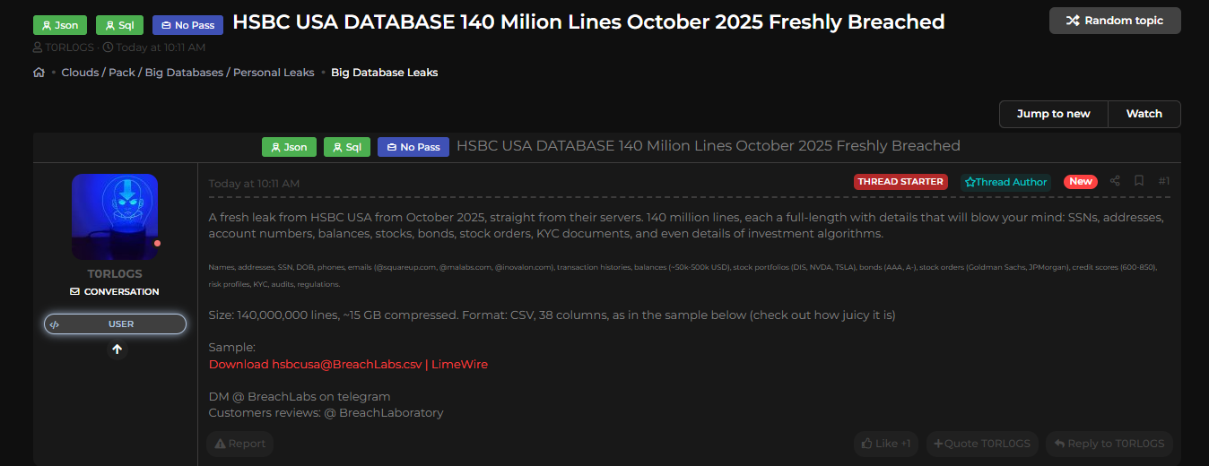 美国汇丰银行涉嫌数据外泄-xLab 威胁情报