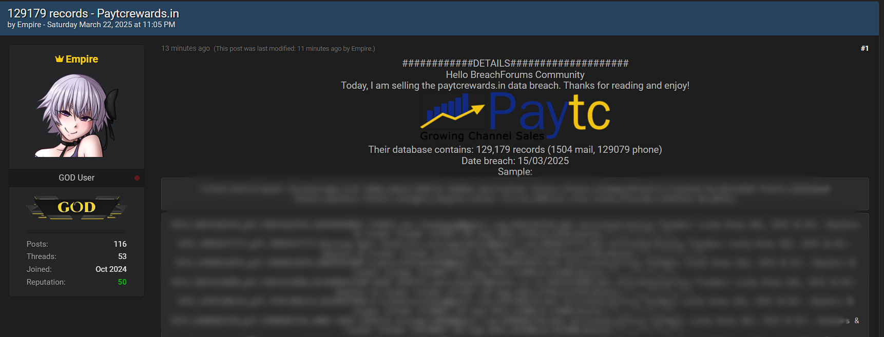 Paytc涉嫌数据泄漏-xLab 威胁情报