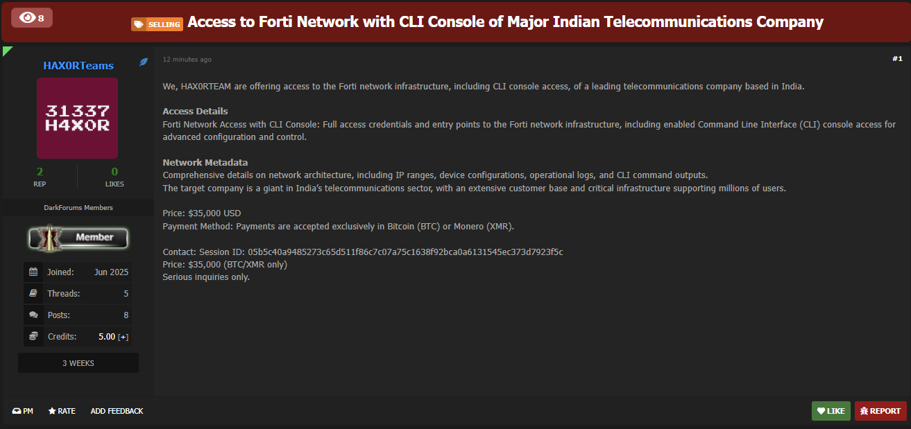 涉嫌向一家身份不明的印度主要电信提供商出售接入权-xLab 威胁情报