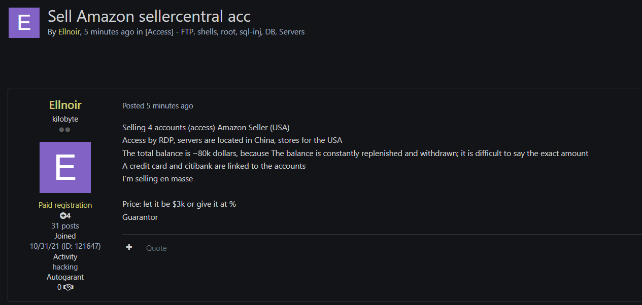 涉嫌出售亚马逊卖家账户的访问权限-xLab 威胁情报