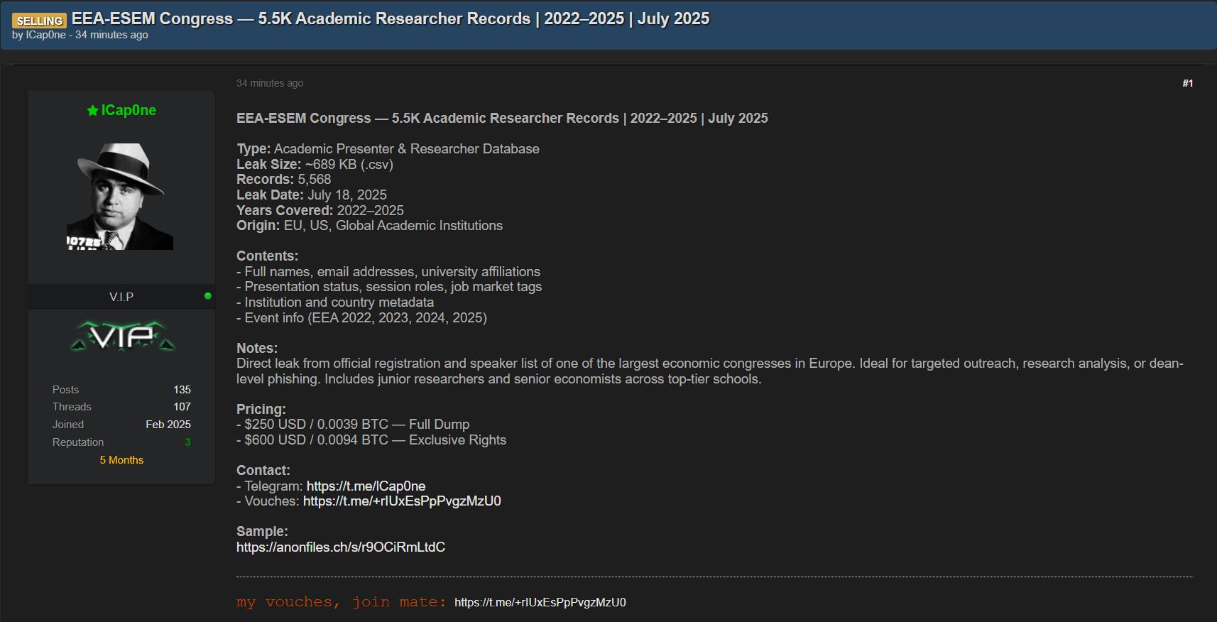 涉嫌出售EEA-ESEM大会数据-xLab 威胁情报