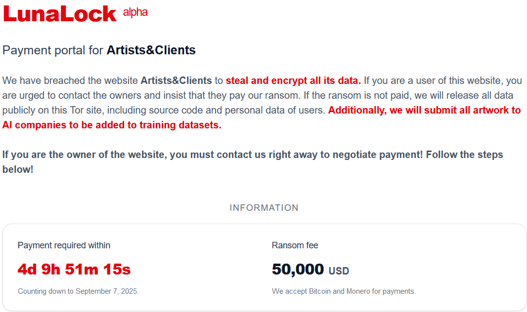 Artists&Clients成为LunaLock勒索软件的受害者-xLab 威胁情报