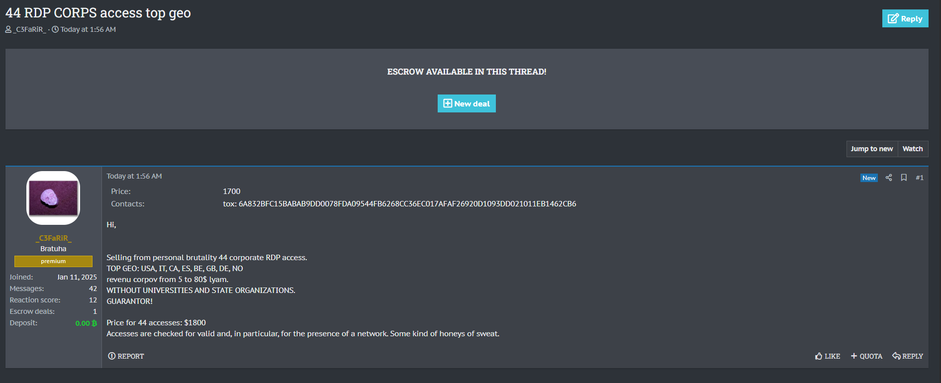 涉嫌向44家身份不明的公司出售RDP访问权限-xLab 威胁情报