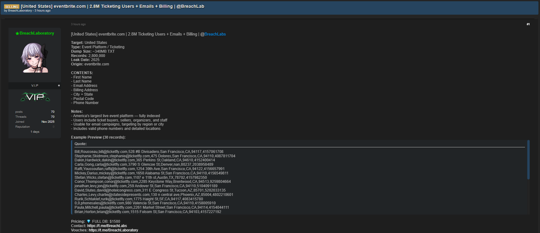 Eventbrite涉嫌数据外泄-xLab 威胁情报