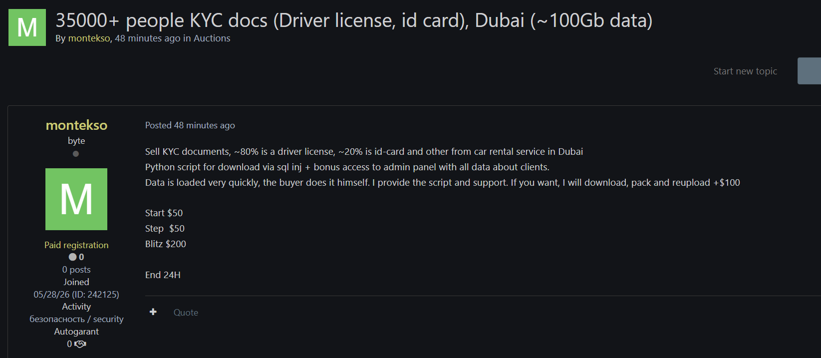 Alleged Sale of Unauthorized Access to Dubai Car Rental Service KYC Database-xLab 威胁情报