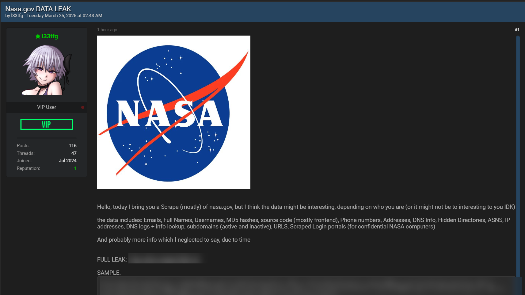 美国宇航局涉嫌刮伤数据泄露-xLab 威胁情报