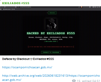 EXILIADOS #555 targets the website of Municipality of Ocampo-xLab 威胁情报