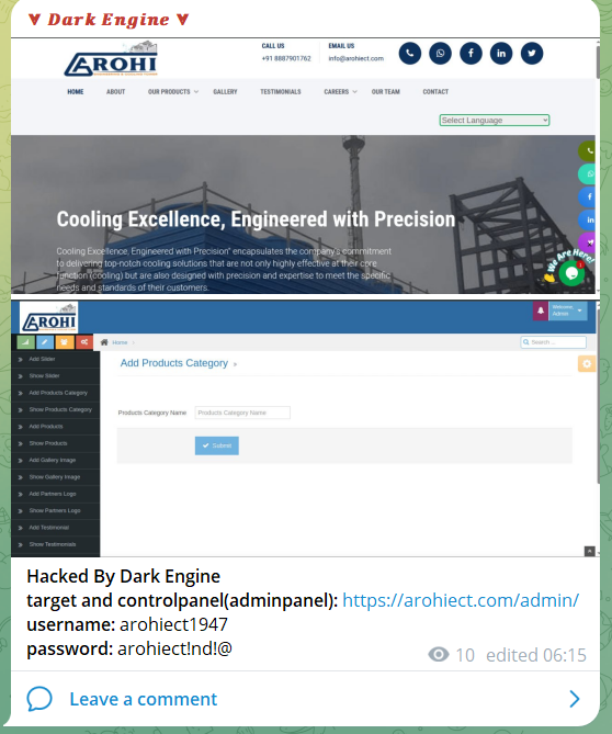 涉嫌向Arohi Engineering&Cooling Tower泄露admin凭证-xLab 威胁情报