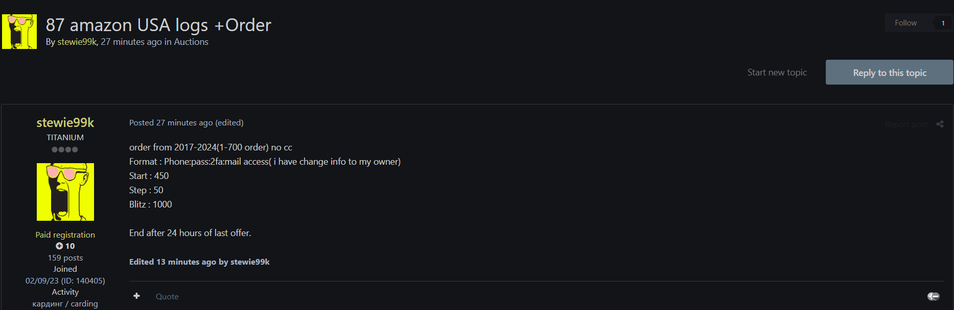 涉嫌出售87个Amazon USA账户logs-xLab 威胁情报