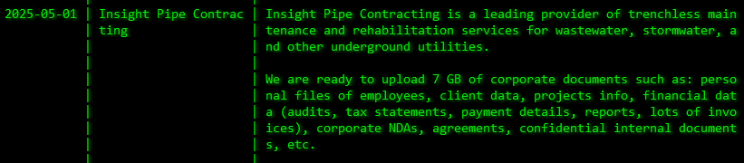 Insight Pipe Contracting，Inc成为Akira勒索软件的受害者-xLab 威胁情报