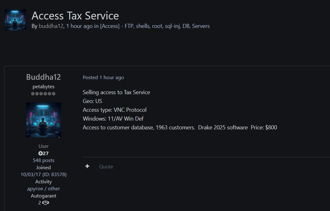 Alleged Sale of Unauthorized Access to U.S.-Based Tax Service Customer Data-xLab 威胁情报