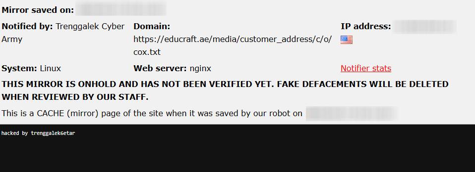 Trenggalek Cyber Army targets the website of Educraft-xLab 威胁情报