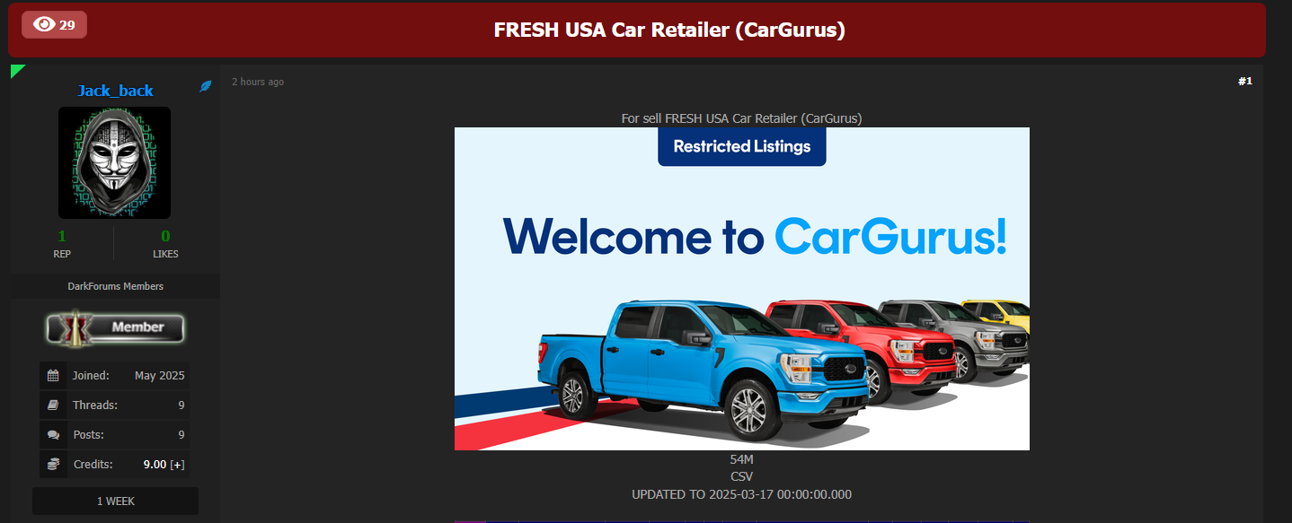 CarGurus涉嫌出售数据库-xLab 威胁情报