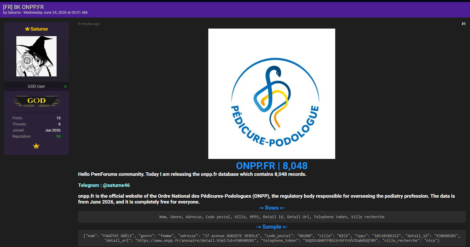 Alleged Data Breach of Ordre National des Pédicures-Podologues (ONPP) website-xLab 威胁情报