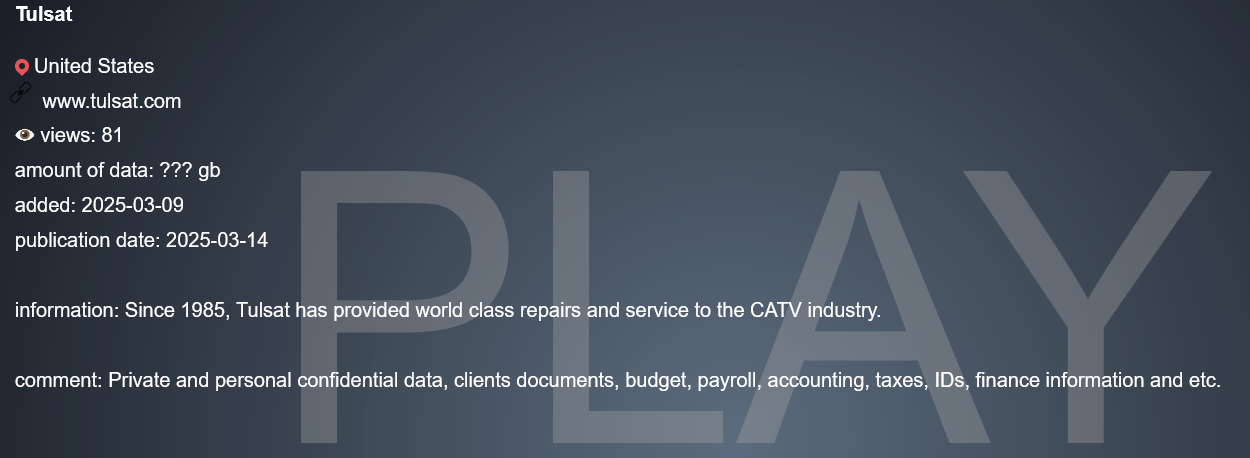 TULSAT将victim归咎于PLAY勒索软件-xLab 威胁情报
