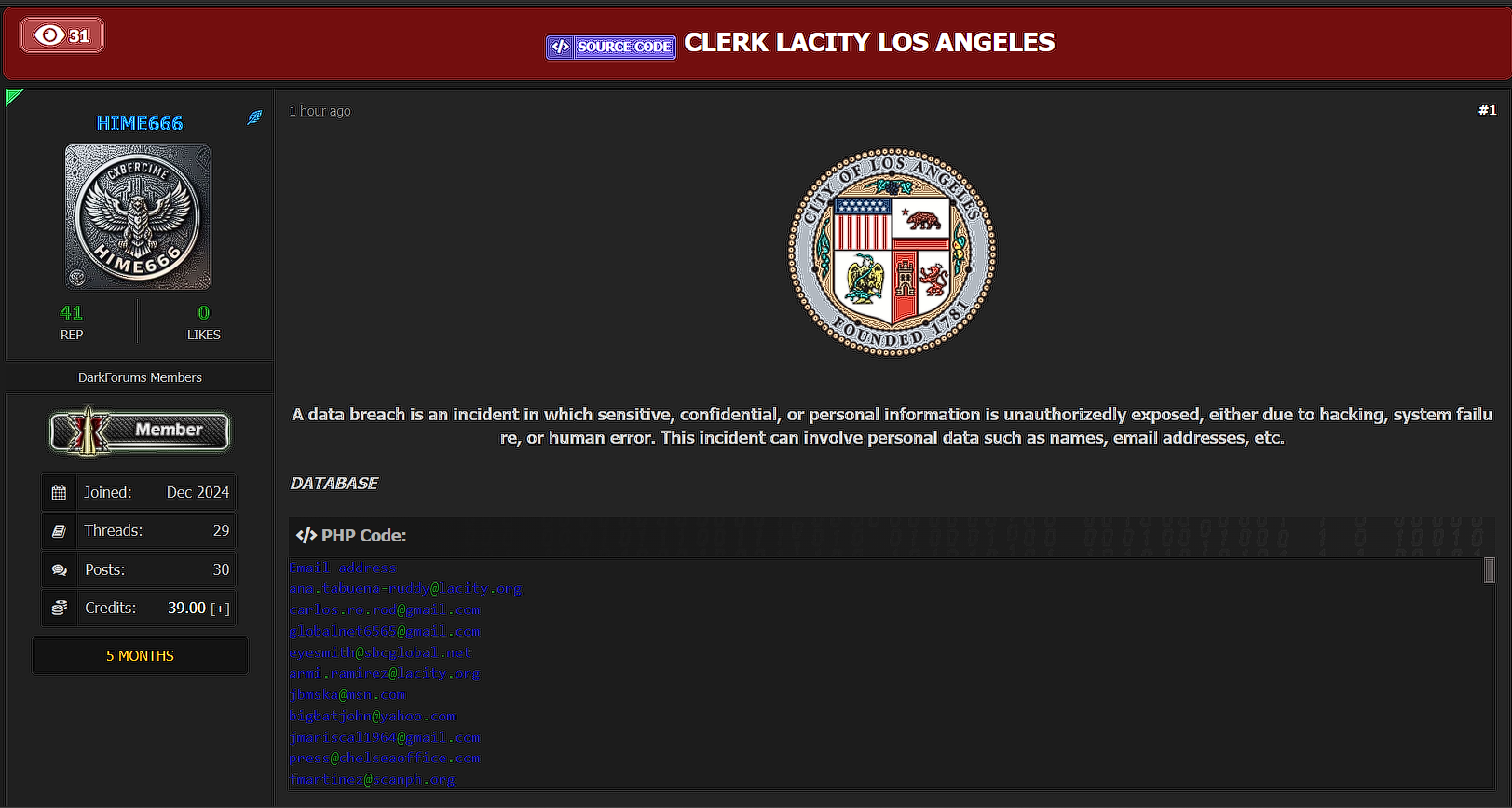 涉嫌数据外泄洛杉矶市书记官办公室-xLab 威胁情报