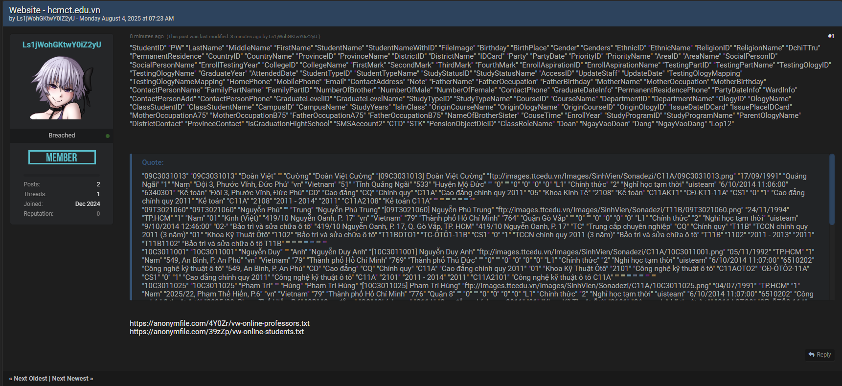 胡志明市交通学院(HCMCT)涉嫌数据泄露-xLab 威胁情报