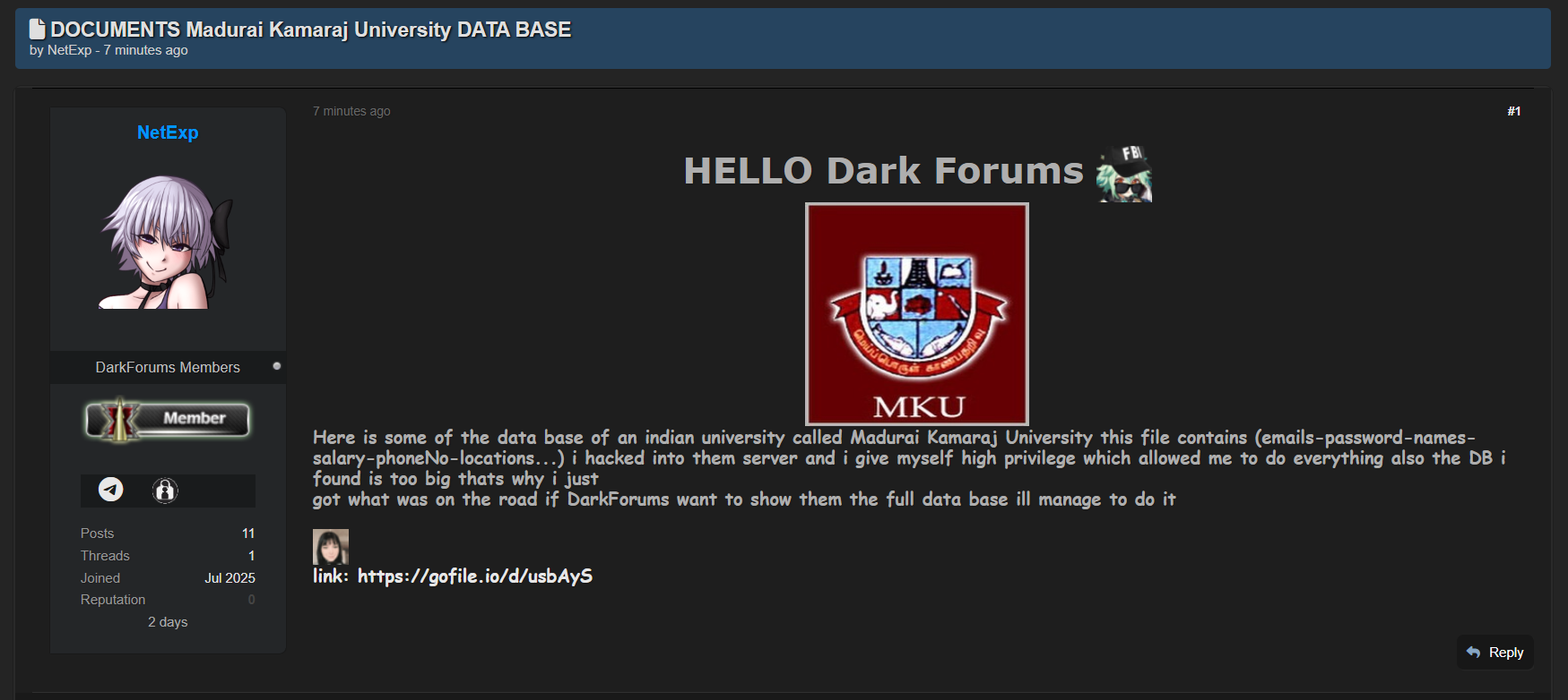 马杜赖卡马拉杰大学涉嫌数据外泄-xLab 威胁情报