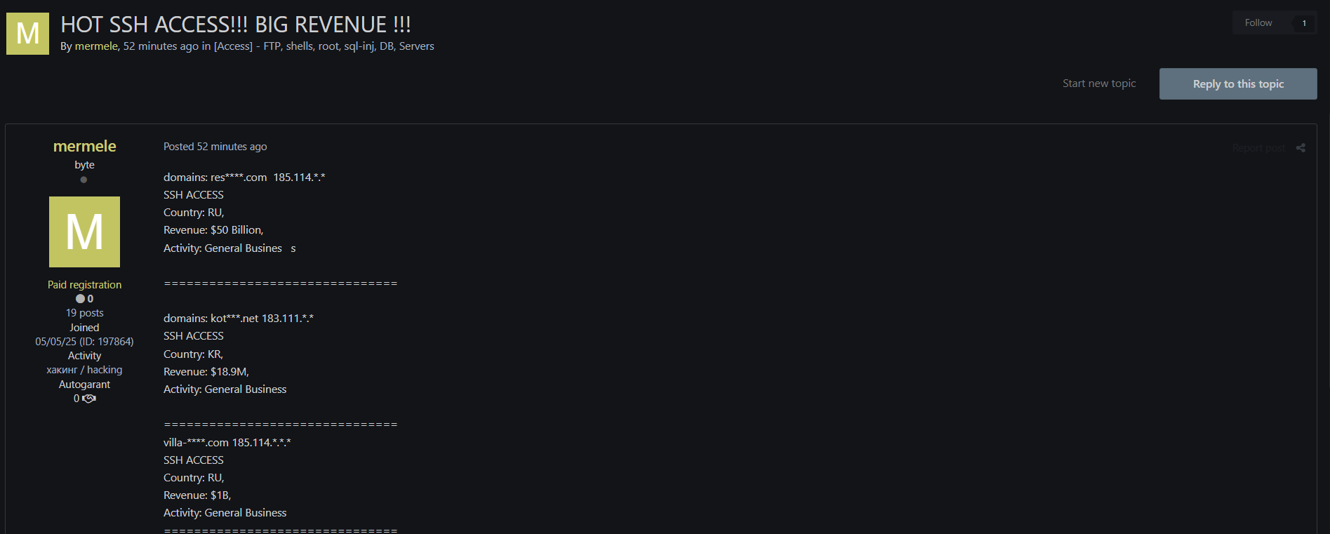 涉嫌向多个组织出售未经授权的访问权限-xLab 威胁情报