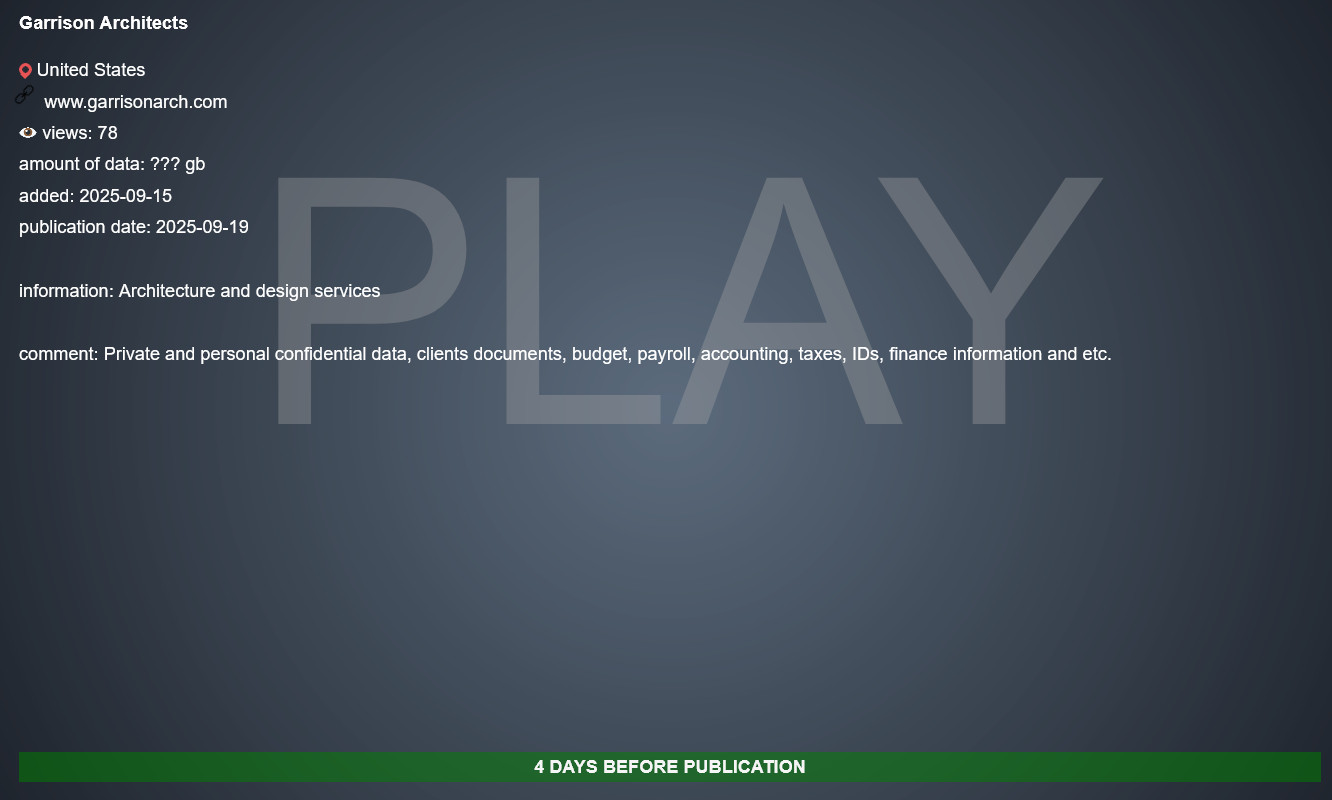 Garrison Architects成为PLAY勒索软件的受害者-xLab 威胁情报