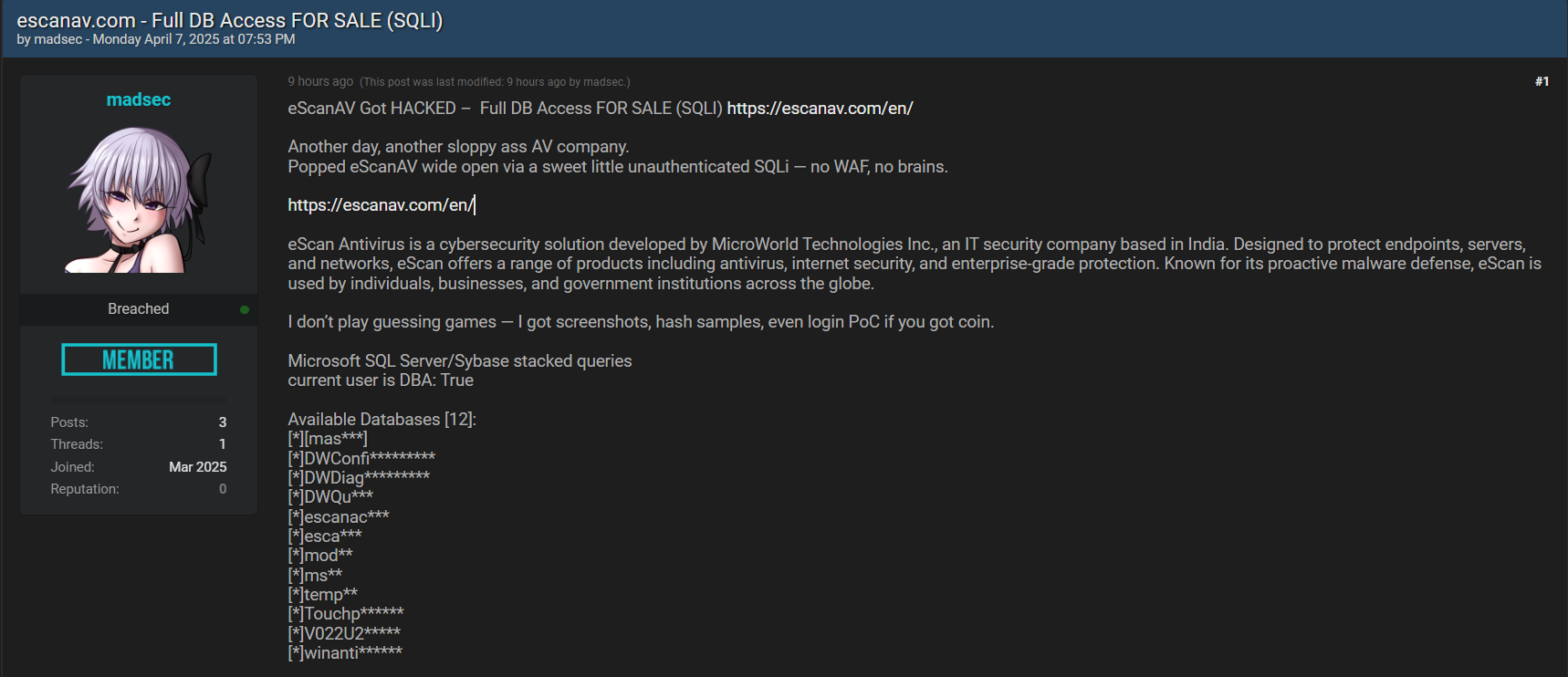 涉嫌出售eScanAV数据-xLab 威胁情报