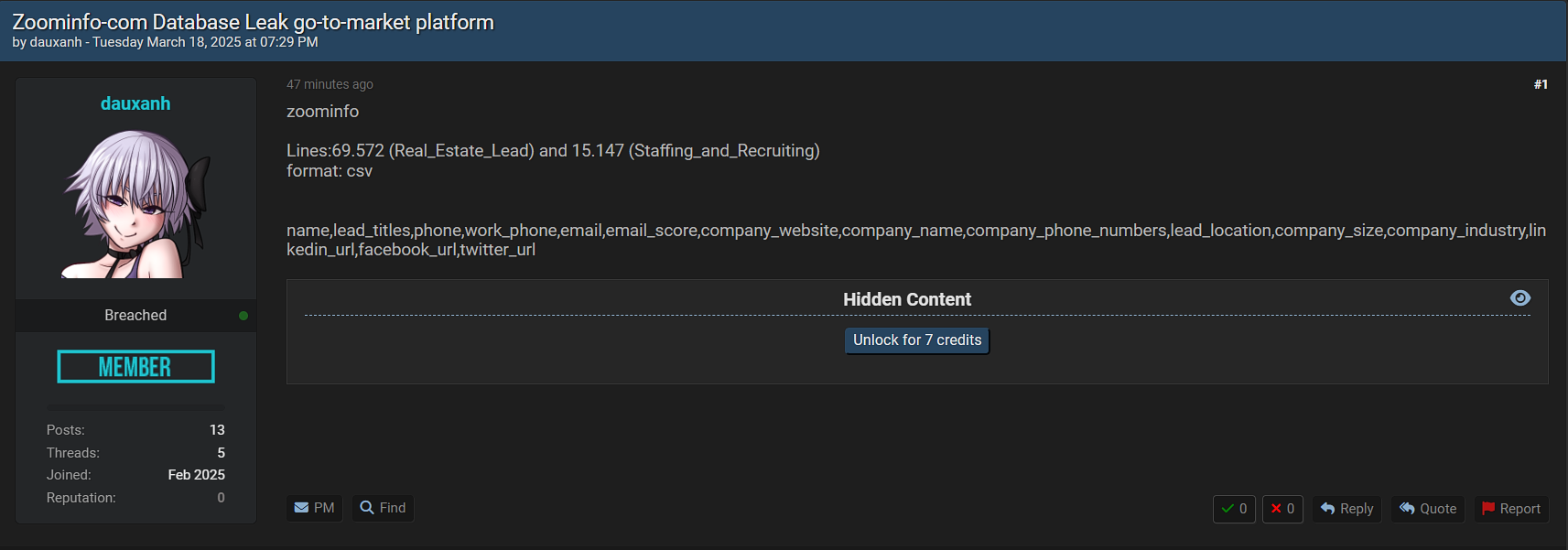 ZoomInfo Technologies LLC涉嫌数据泄漏-xLab 威胁情报