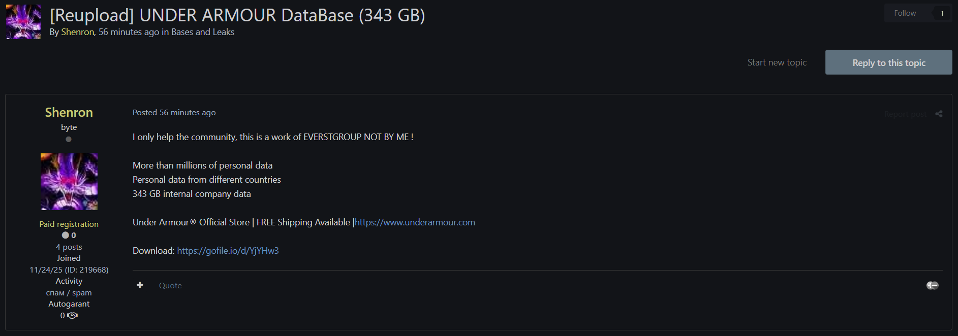 安德玛涉嫌数据外泄-xLab 威胁情报