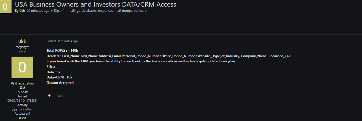 涉嫌出售美国企业主和投资者数据-xLab 威胁情报
