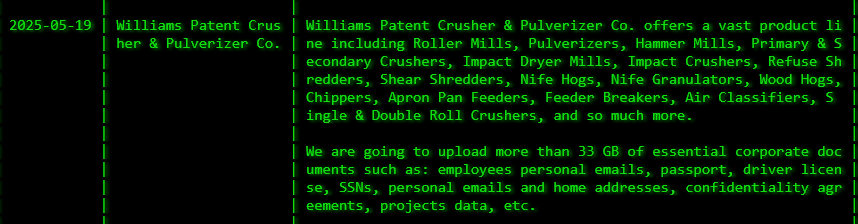 Williams Patent Crusher&Pulverizer Company成为Akira勒索软件的受害者-xLab 威胁情报