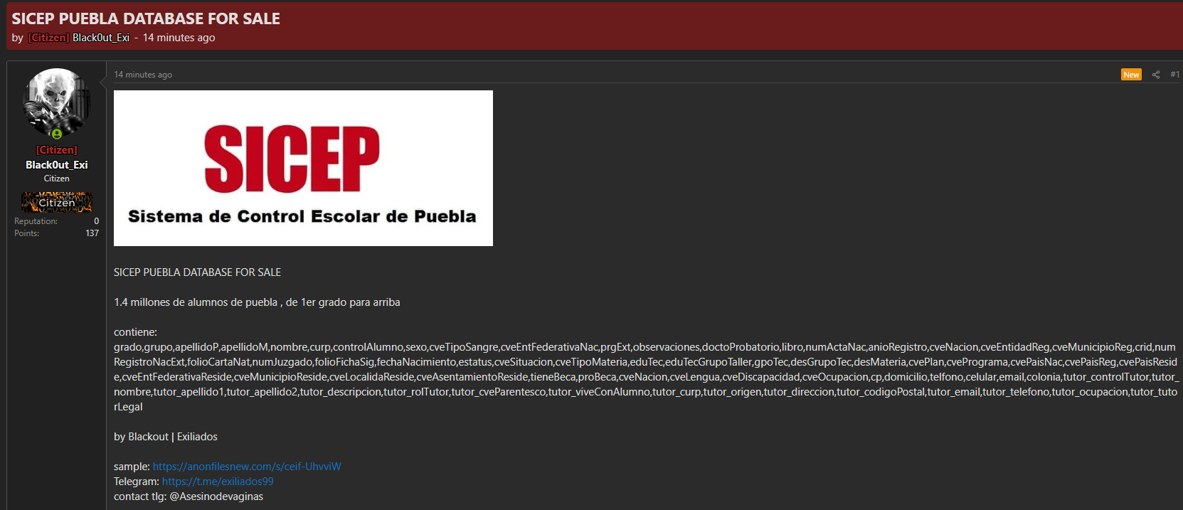 Alleged data leak of SICEP (Sistema de Control Escolar de Puebla)-xLab 威胁情报
