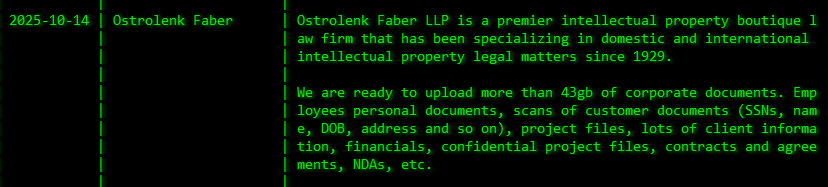 Ostrolenk Faber LLP成为akira勒索软件的受害者-xLab 威胁情报