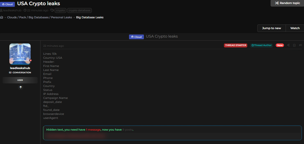 据称从美国泄露加密货币user数据-xLab 威胁情报