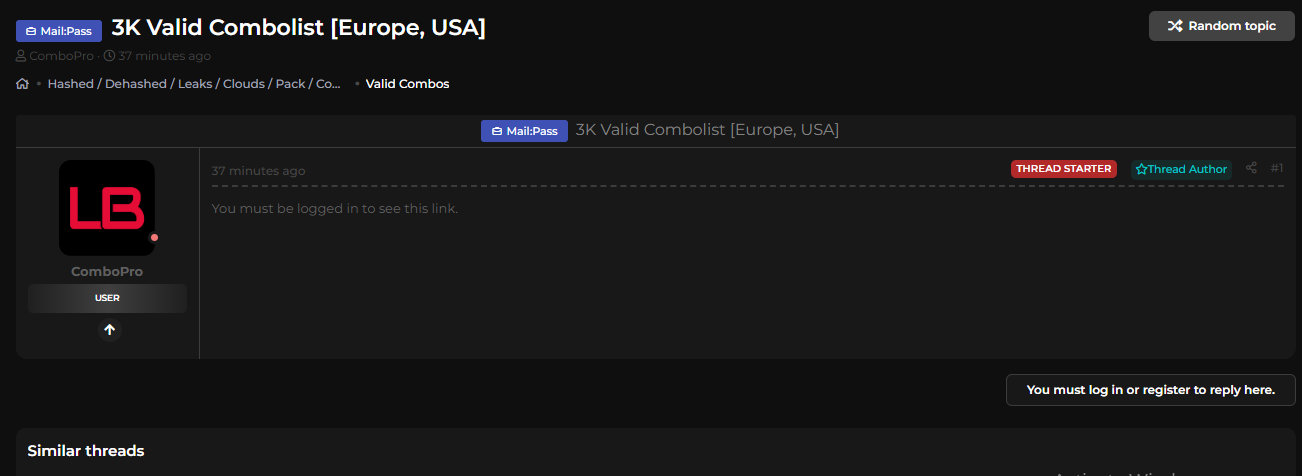 据称从欧洲和美国销售3K combolist-xLab 威胁情报