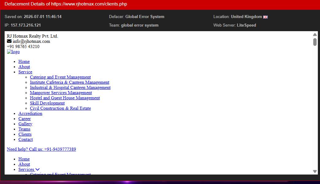 Global error system targets the website of R J HOTMAX REALTY Private Limited-xLab 威胁情报