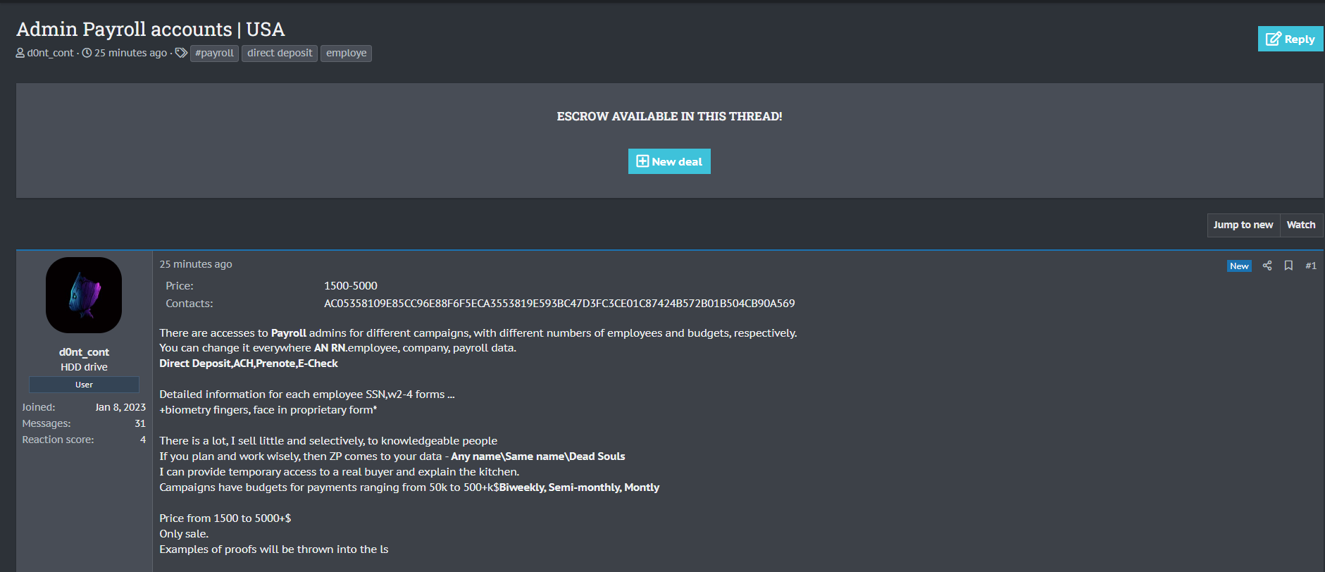 涉嫌向美国一个身份不明的多个组织出售薪资admin访问和生物识别员工数据-xLab 威胁情报