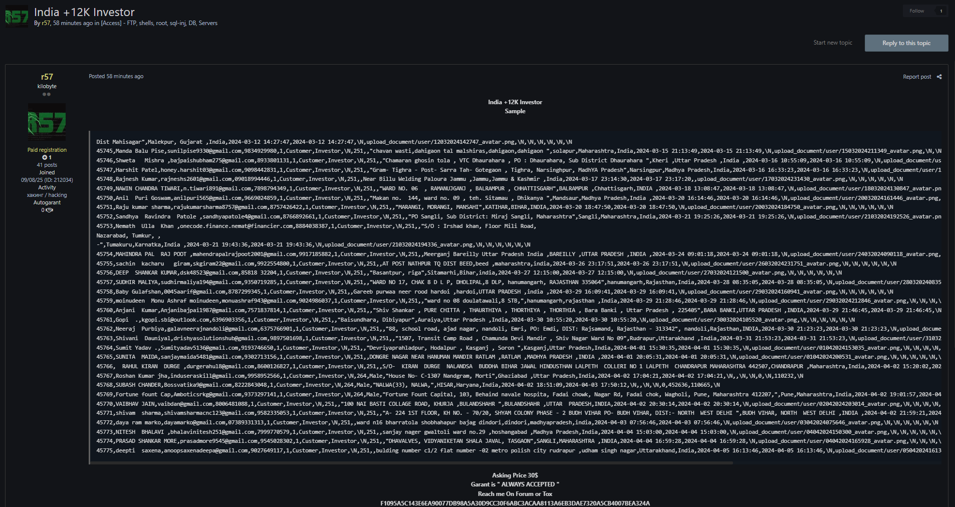涉嫌出售1.2万印度投资者数据库-xLab 威胁情报