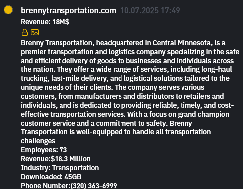 Brenny Transportation，INC.和Brenny Specialized，Inc成为INC RANSOM勒索软件的受害者-xLab 威胁情报