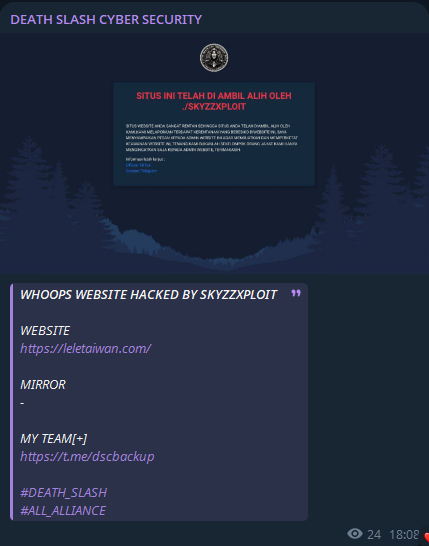 DEATH SLASH CYBER SECURITY针对乐乐台湾进出口有限公司网站。-xLab 威胁情报